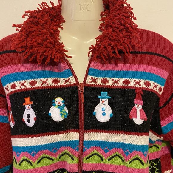 Vintage Christmas Ugly Knit Sweater Women MP Ramie Cotton Colorful FullZip Cozy - Picture 7 of 9
